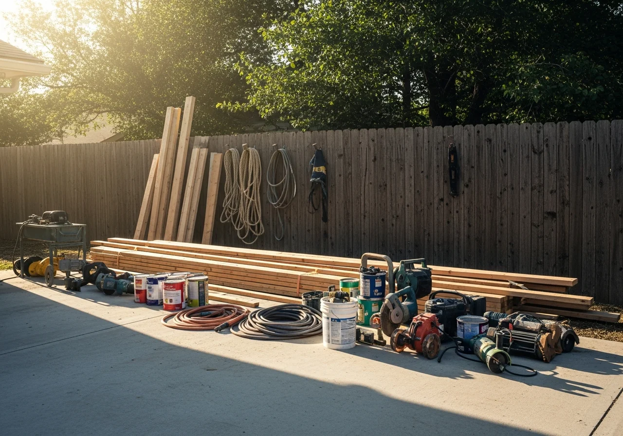 Renovation crew tools and equipment staged on a job site, showcasing professional contractor readiness for residential remodeling work.