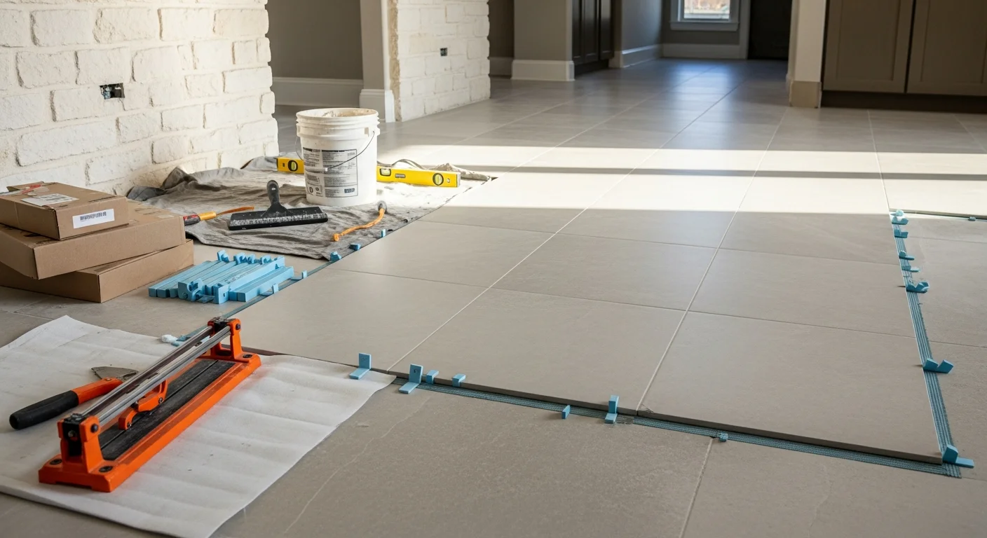 New tile flooring installed in a residential kitchen