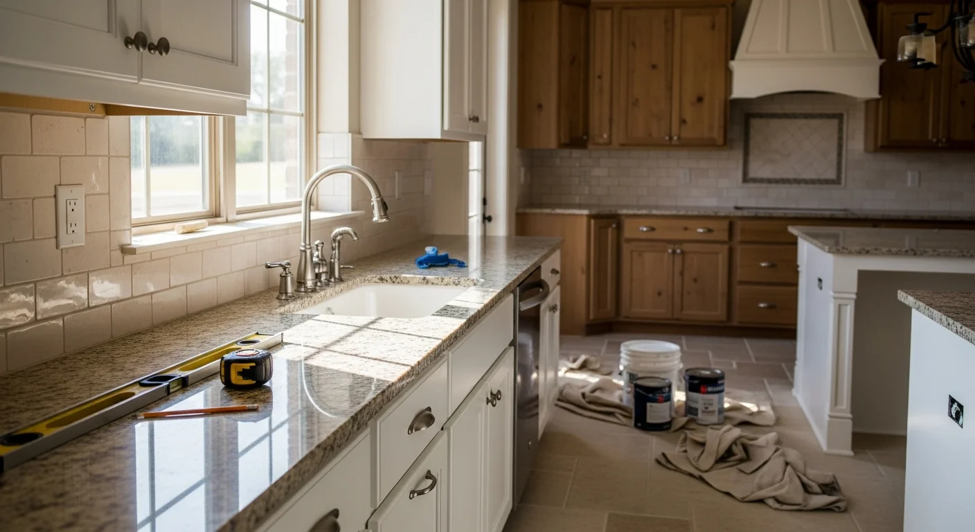 Modern kitchen with custom cabinets, granite countertops, and new flooring