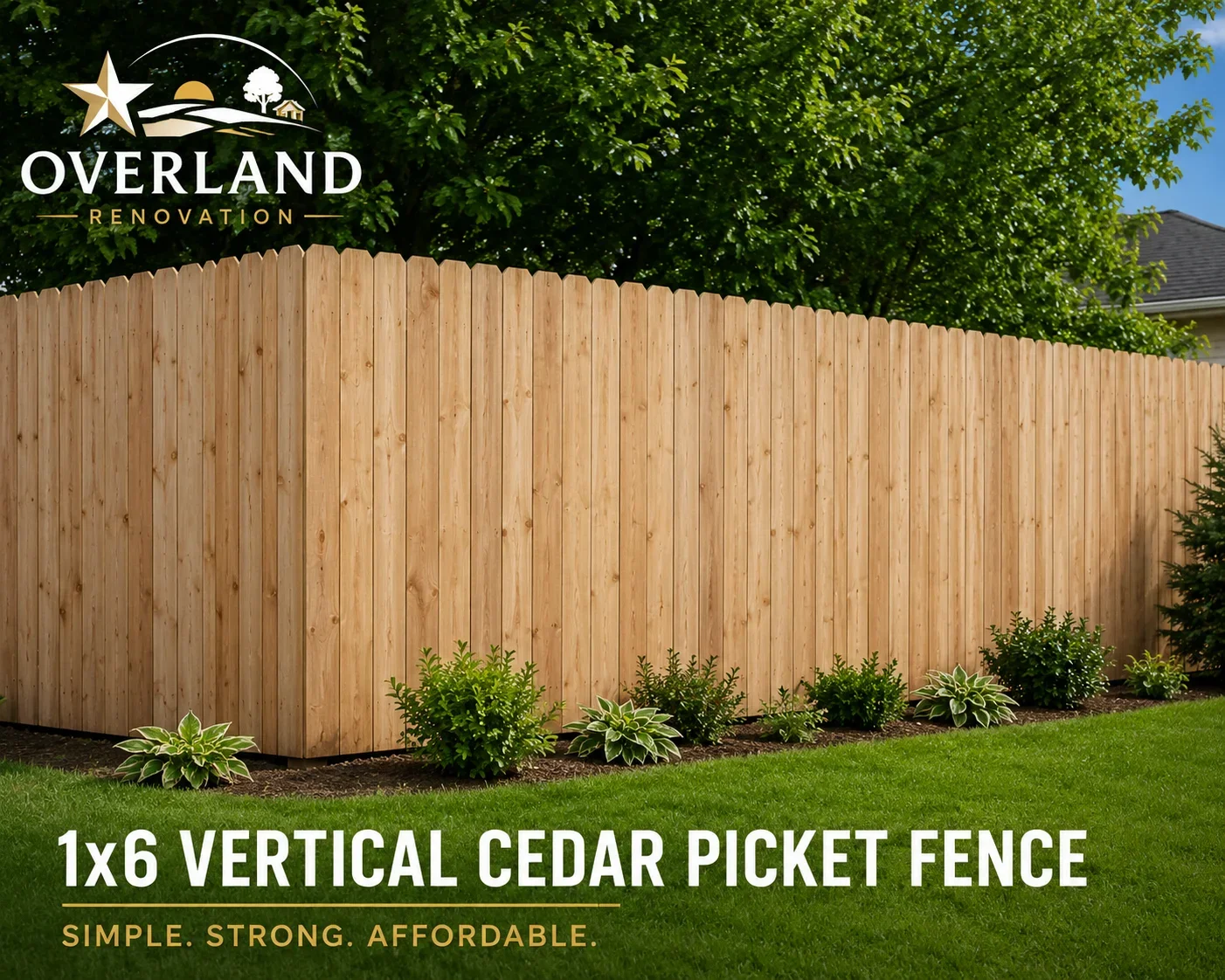 New 1x6 vertical cedar picket fence with scalloped top and landscape plantings