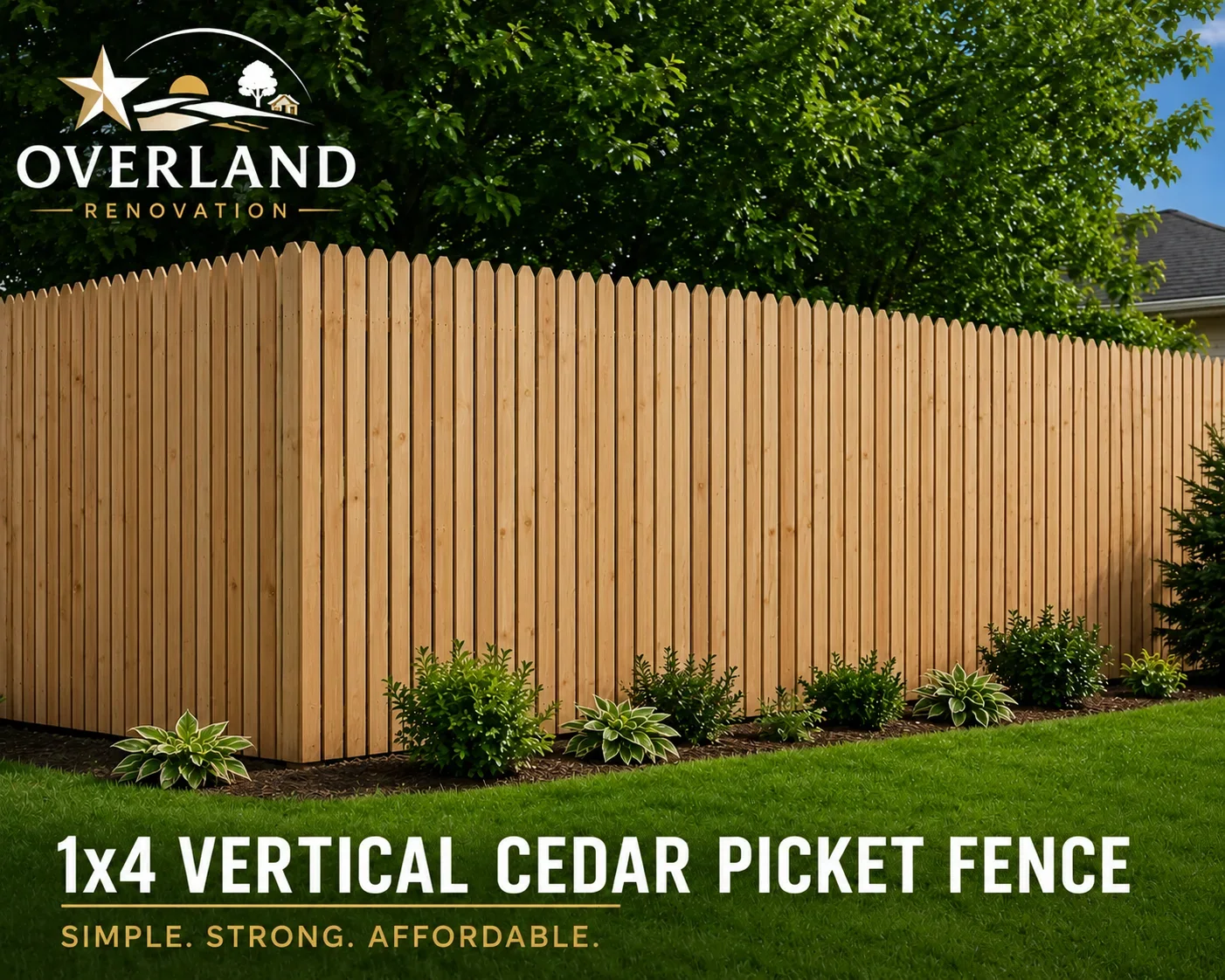 Tall vertical cedar picket fence with rounded tops and evenly-spaced 1x4 boards