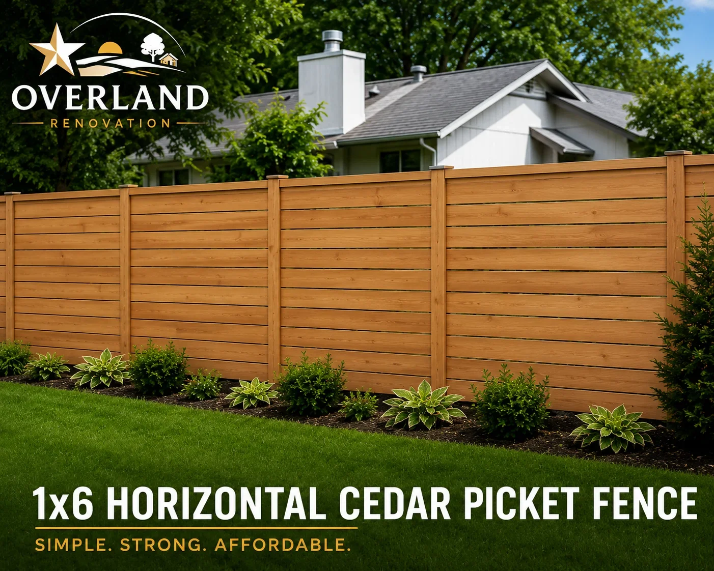 Horizontal cedar picket fence with 1x6 boards and vertical posts, landscape plantings at base