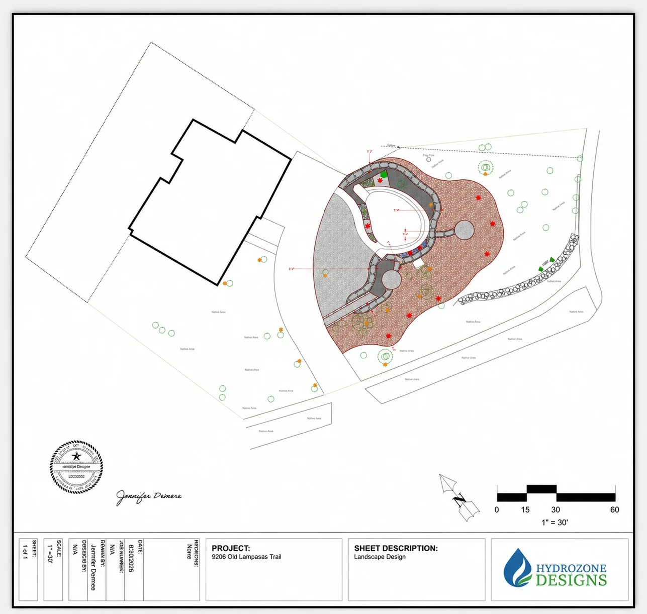 Landscape design plan with circular hardscape, curved pathways, native plantings, and site grading details