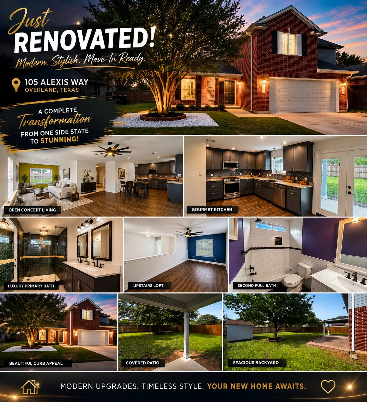 Renovated brick home with open concept living, dark kitchen cabinets, hardwood floors, luxury bathrooms, and landscaped yard