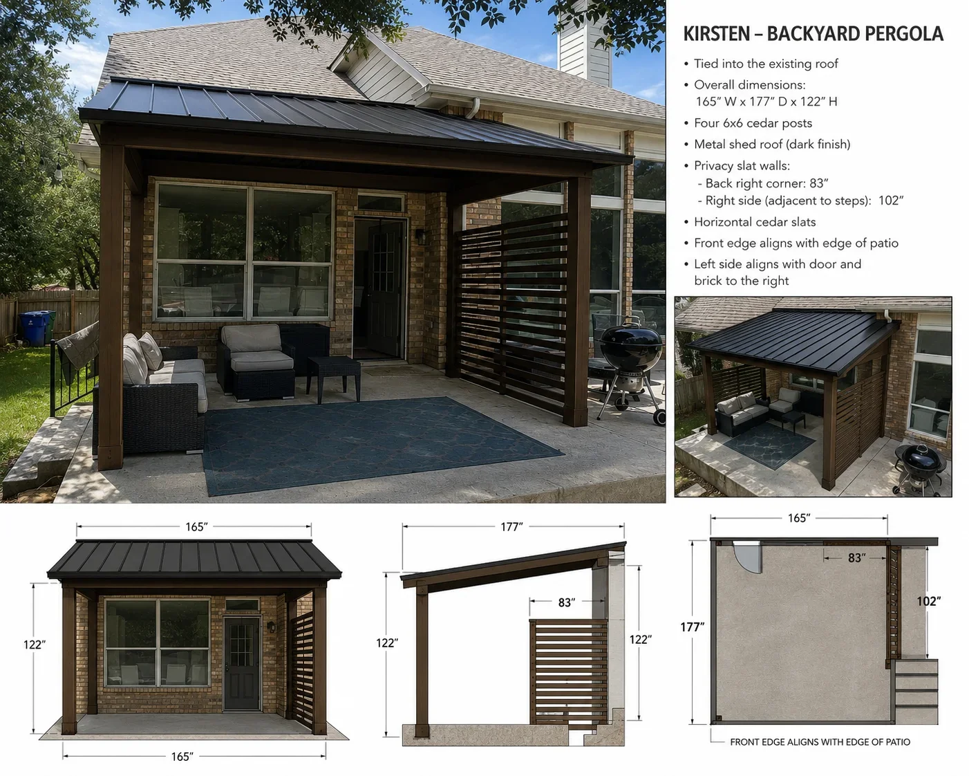 Cedar pergola with metal roof and horizontal privacy slats attached to brick home