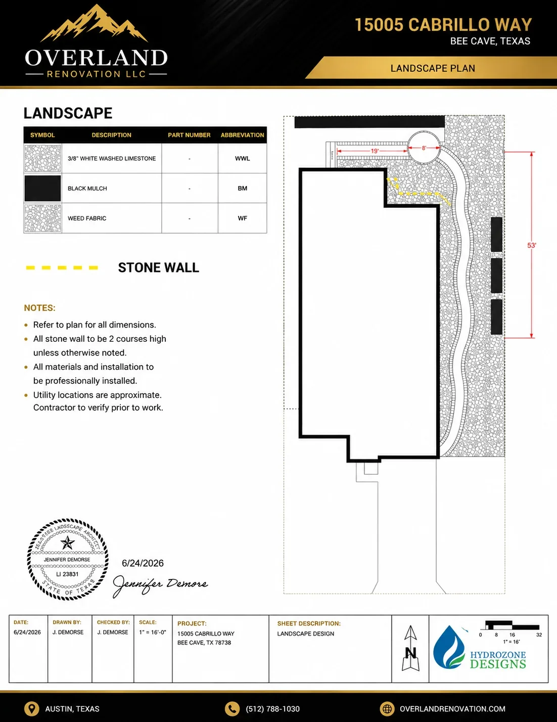 Landscape plan with stone wall, white limestone, black mulch, and weed fabric layout