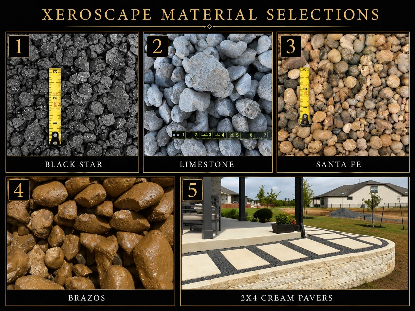 Xeroscape materials: Black Star aggregate, Limestone, Santa Fe gravel, Brazos stone, and Cream Pavers with geometric hardscape layout