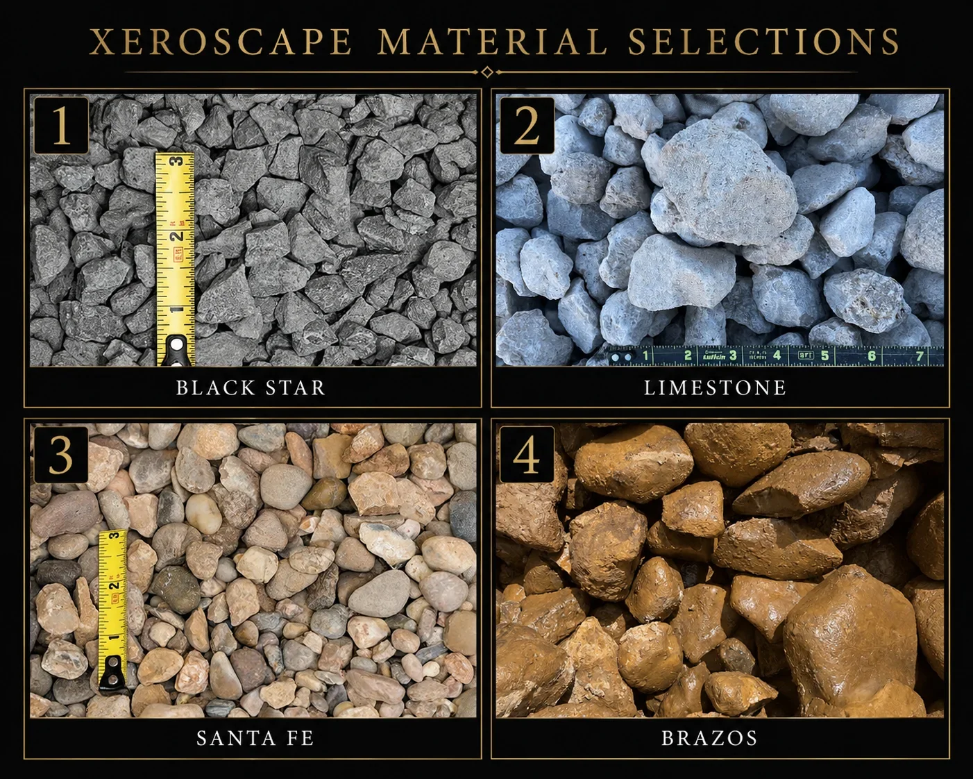 Four xeroscape aggregate materials: Black Star, Limestone, Santa Fe, and Brazos stone samples with measurement scales