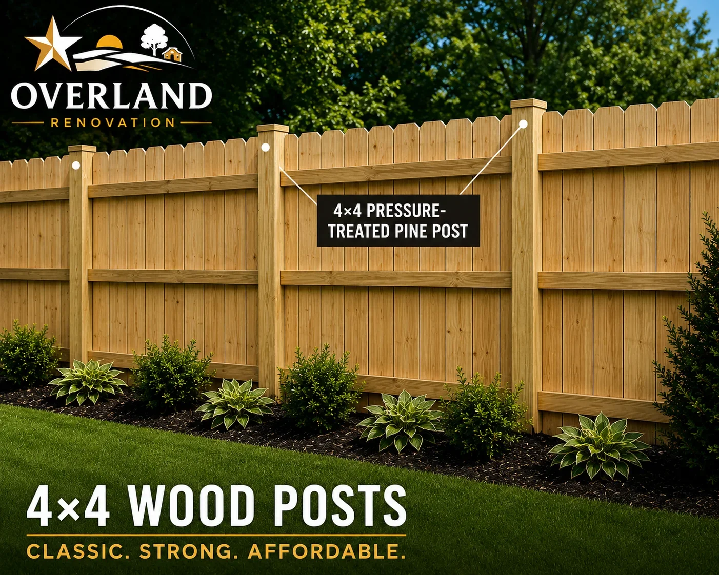 Pressure-treated pine wood fence with 4x4 posts, horizontal boards, and landscape lighting