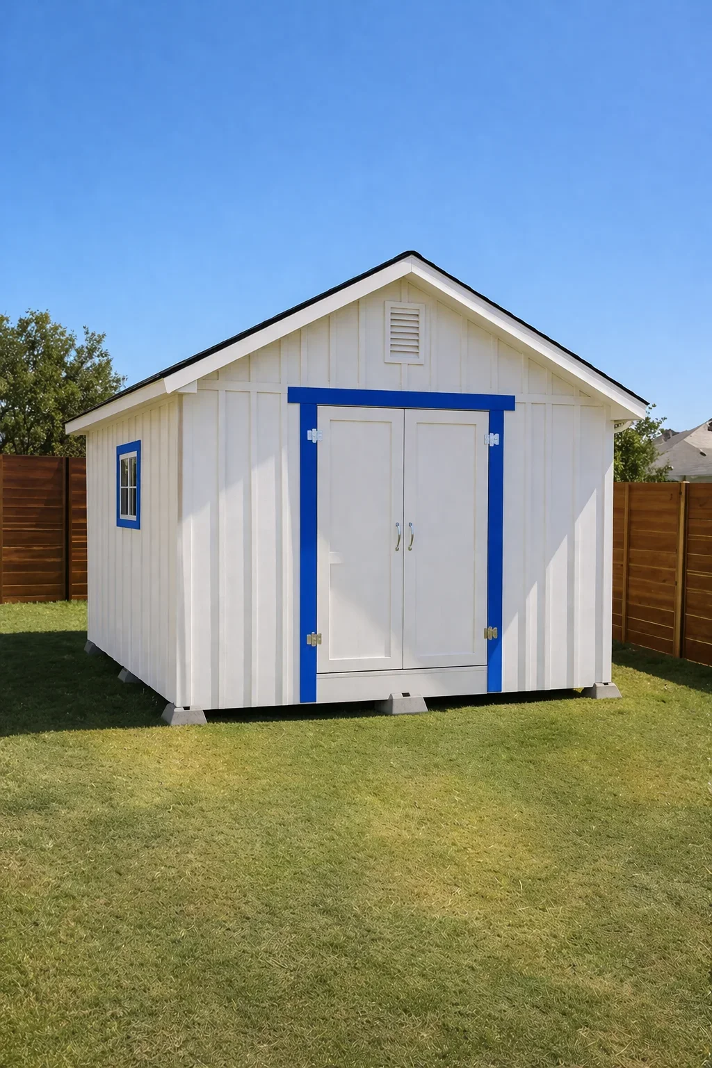 White vertical siding storage shed with blue trim, double doors, and gable roof