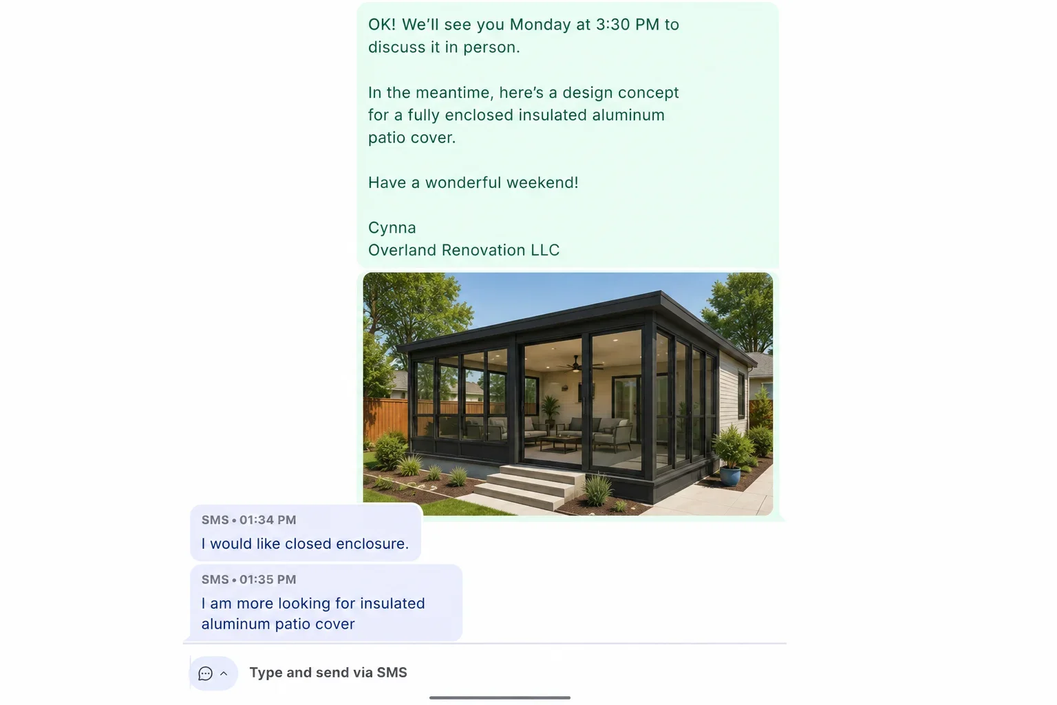 Black aluminum patio enclosure with glass panels, insulated roof, and concrete foundation