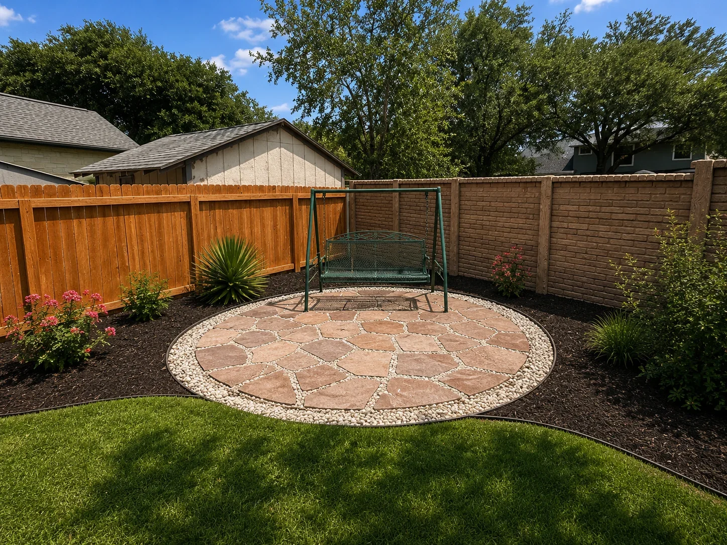 Circular flagstone patio with river rock border, wood and composite fencing, landscaping beds with plants and mulch