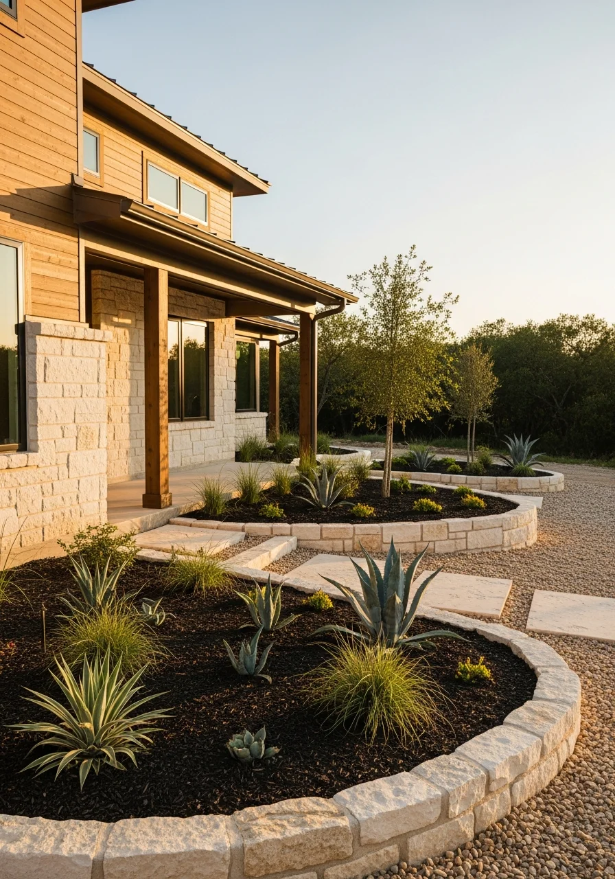 Close-up of a homeowner standing in front of their Austin-area home, smiling with completed landscape work visible in the background.