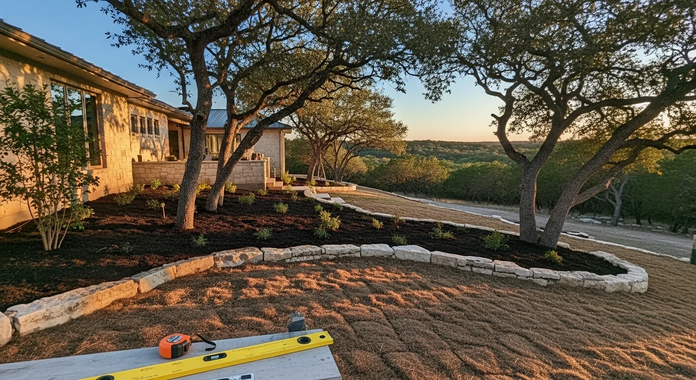 Wide view of a residential property in central Austin with mature trees, limestone accents, and native plantings typical of Hill Country-influenced landscaping.