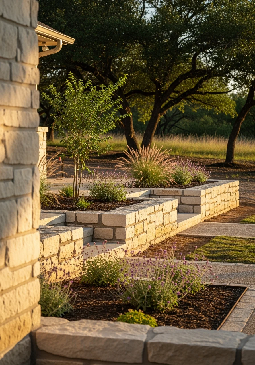 Property owner in Bastrop standing in their yard with completed landscape work showing Hill Country-style plantings and natural materials.