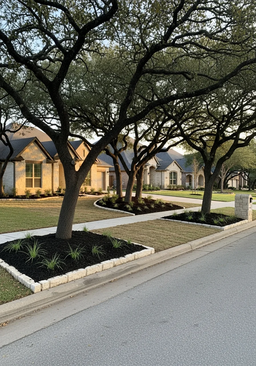 Homeowner in Georgetown standing in their yard with completed landscape work showing mature trees and classic neighborhood styling.