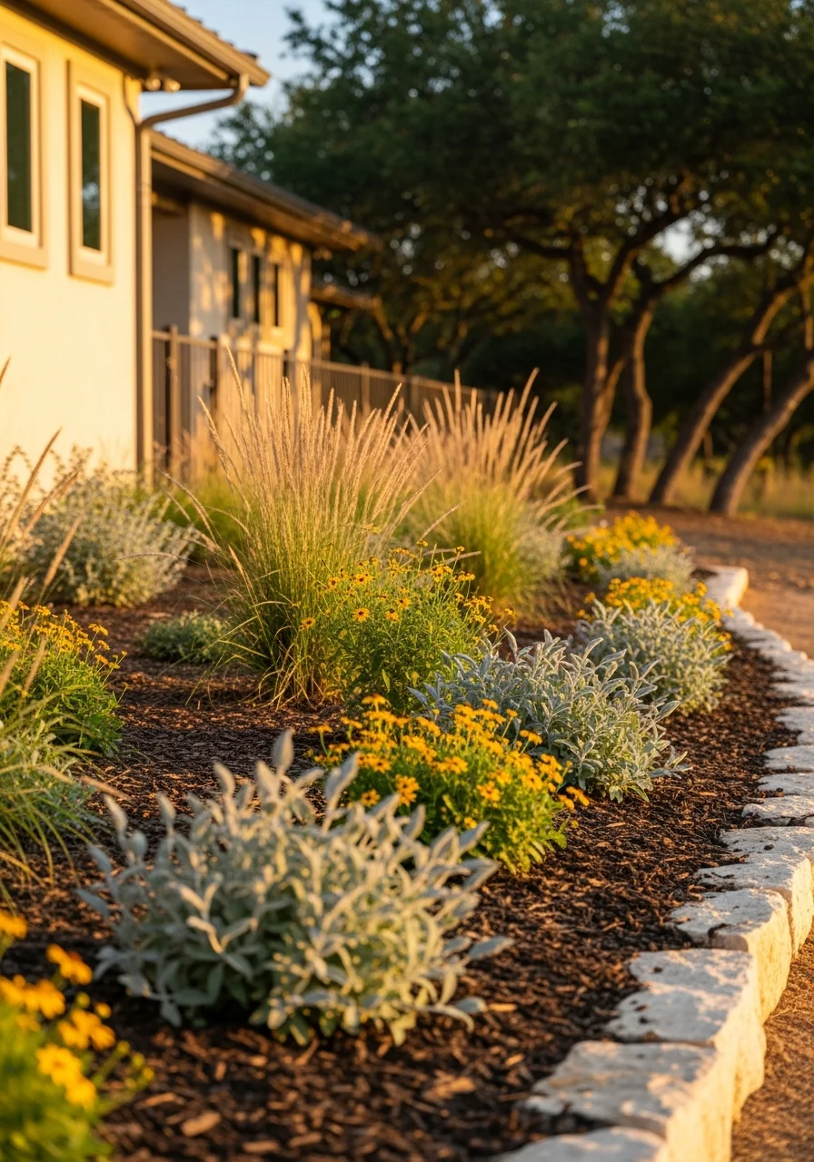 Homeowner in New Braunfels standing in their yard with completed landscape work showing native Texas plants and local design style.