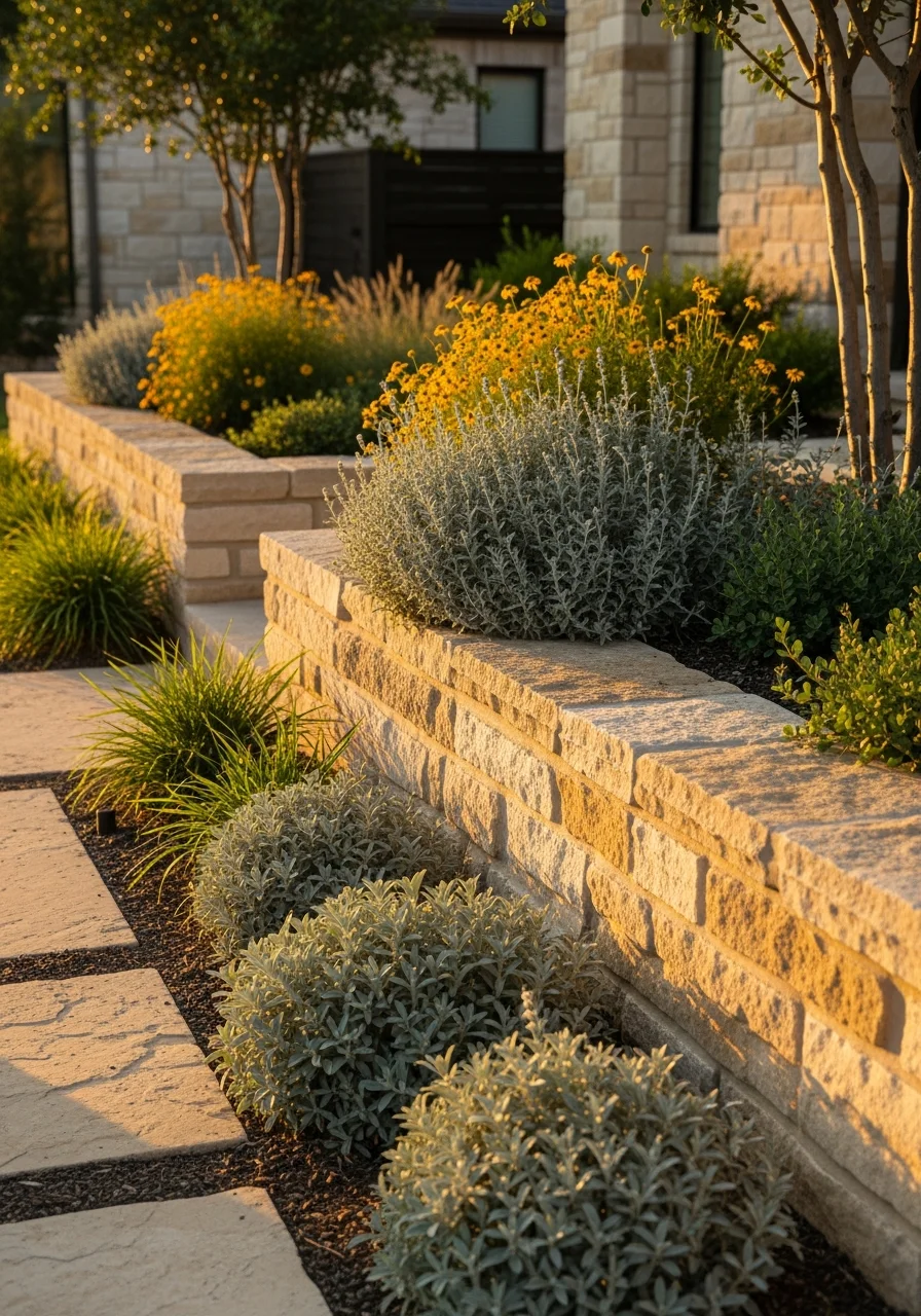 Homeowner in Round Rock standing beside a completed landscape project with native Texas plants and stone features.