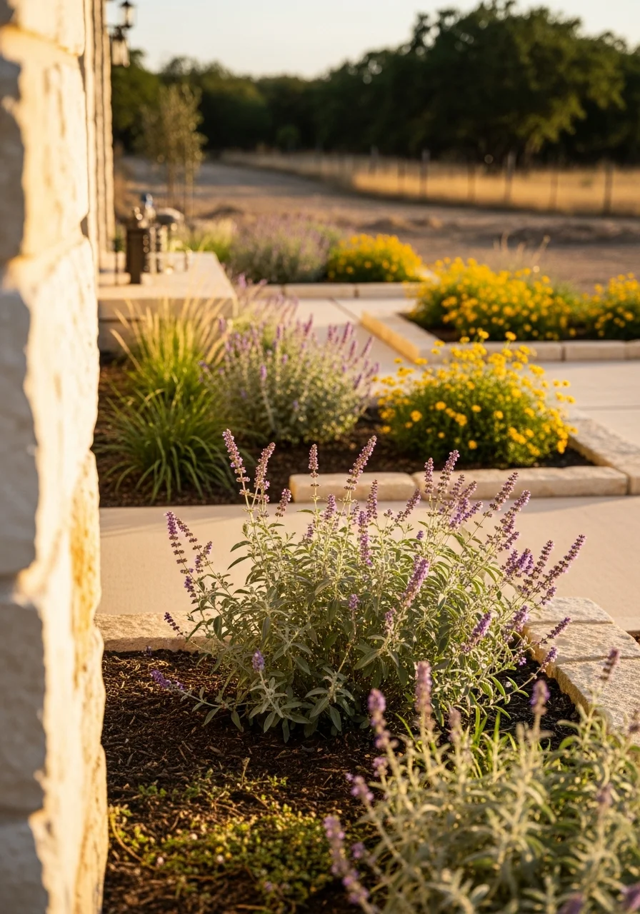 Property owner in San Marcos standing in their yard with completed landscape work showing native Texas vegetation and hardscape features.