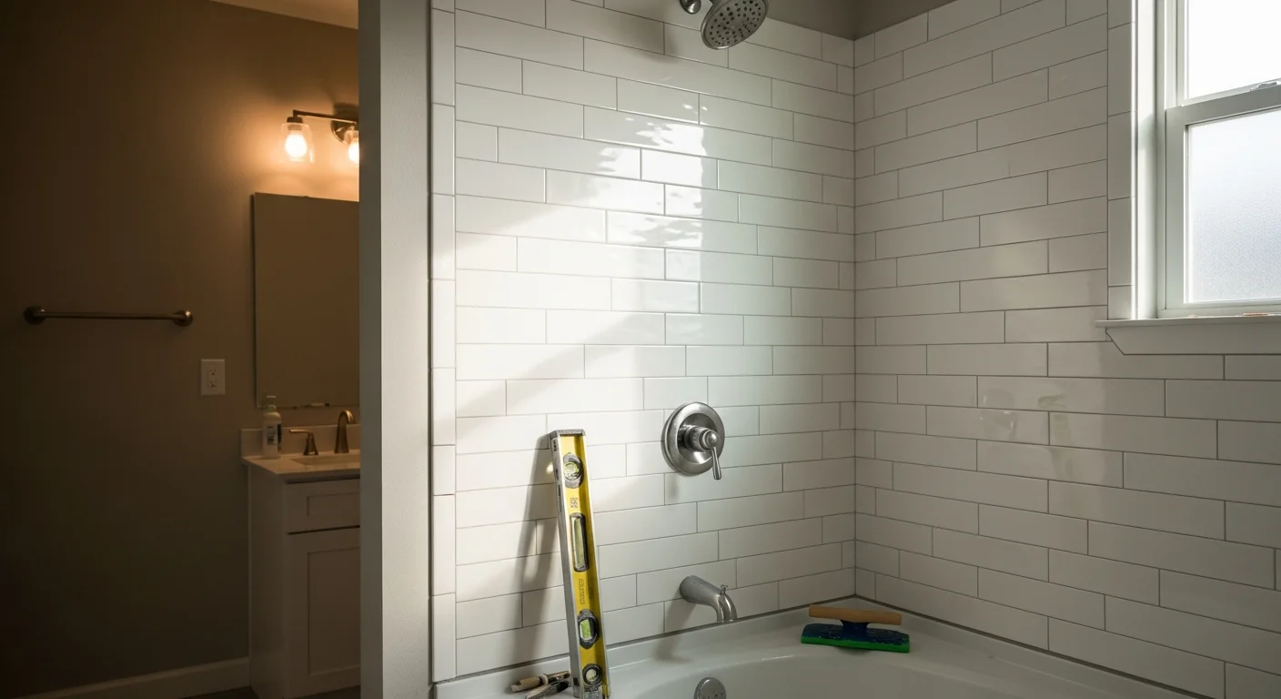 A finished bathroom remodel in an Austin-area home showing a walk-in shower with tile walls, a wall-mounted vanity, and updated fixtures. The space reflects a clean, functional layout typical of remodeled homes across Central Texas communities like Round Rock and Georgetown.