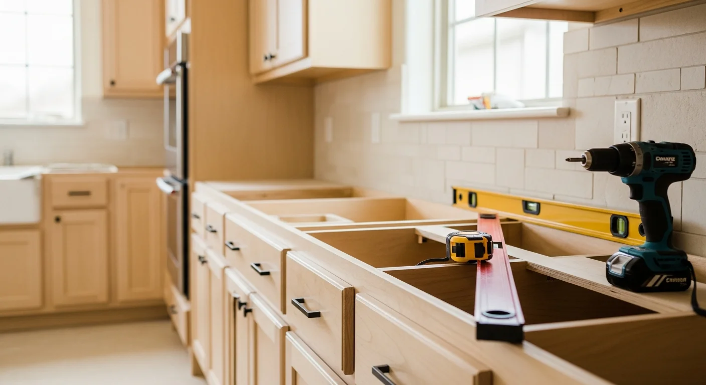 Newly installed custom wood cabinets in a Central Texas kitchen, showing floor-to-ceiling cabinet runs with uniform alignment and open wall space above a countertop. The installation reflects a finished remodel in an Austin-area home served by Overland Renovation LLC.