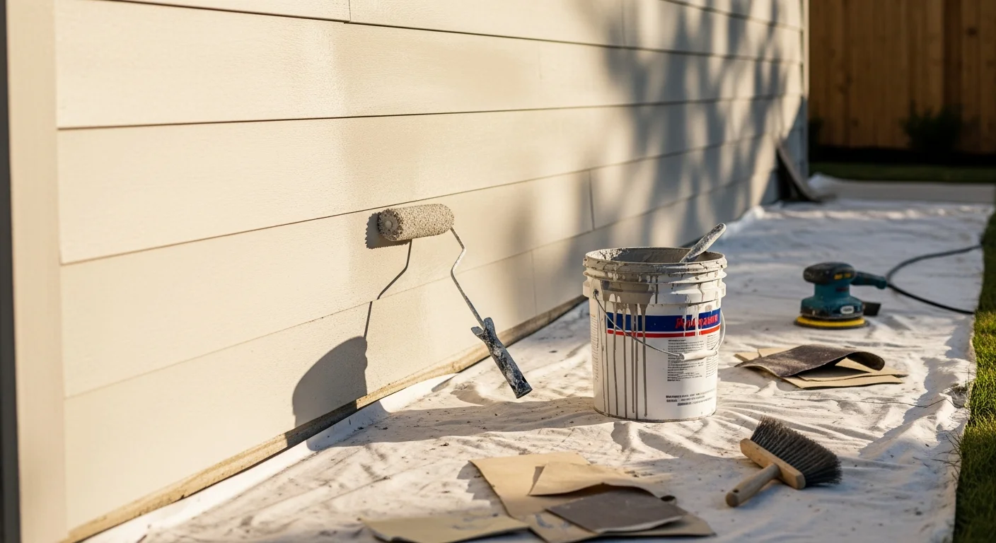 A freshly painted single-family home exterior in the Austin, Texas area with clean trim lines, uniform siding color, and no visible peeling or fading. The home shows completed prep work and finish coats typical of a professional exterior painting project in Central Texas.