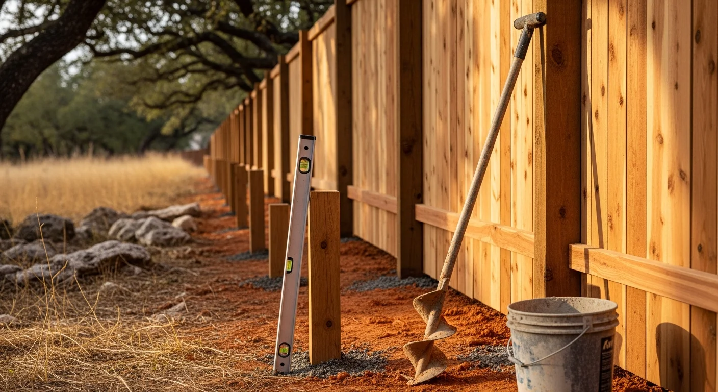 A newly installed six-foot wood privacy fence running along the rear property line of a residential home in the Austin, Texas area. The fence panels are evenly spaced and plumb, with concrete footings visible at the base of corner posts set in Central Texas clay soil.