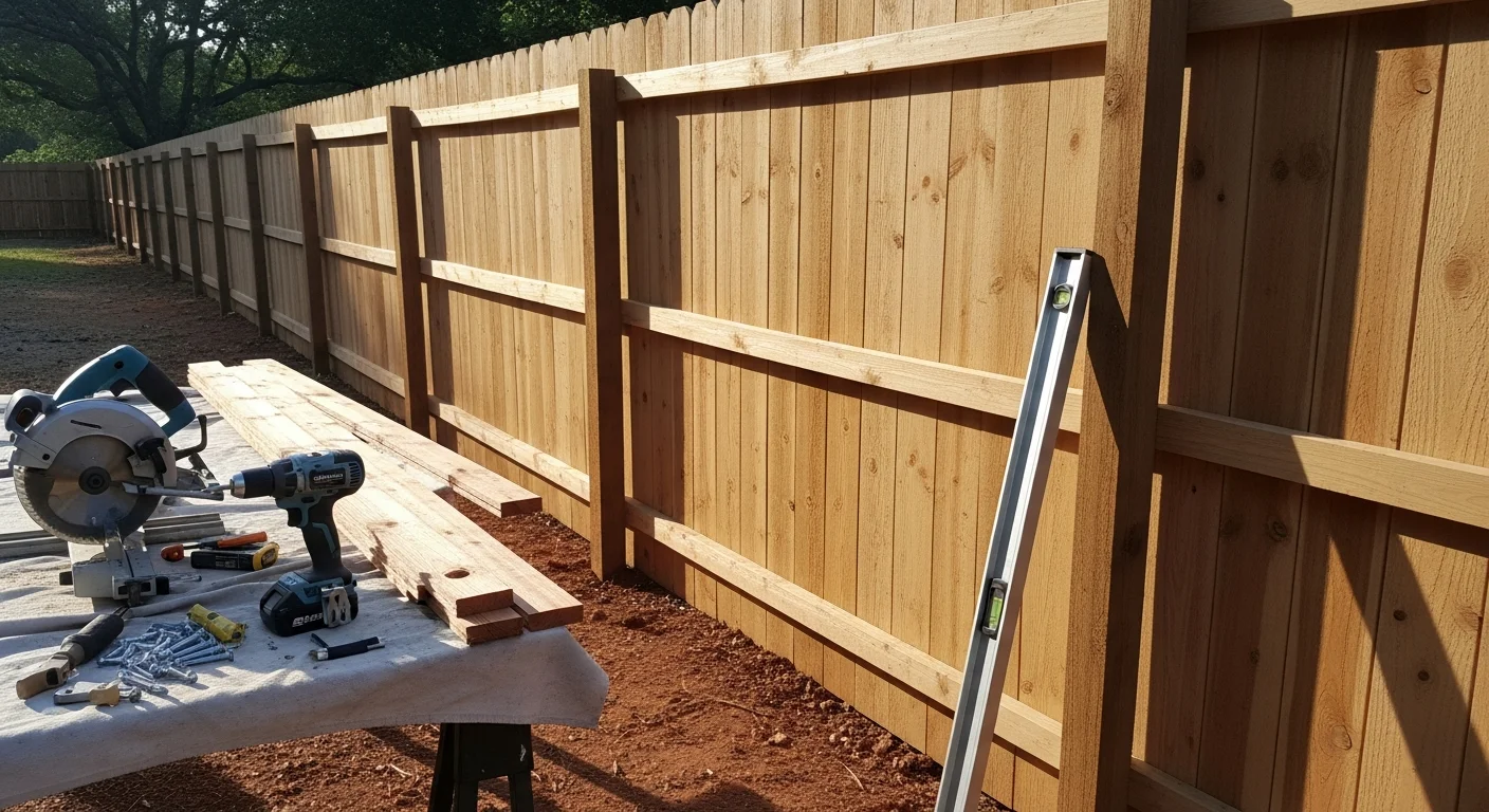 A repaired wood privacy fence with freshly replaced boards and a reset post in a residential backyard in Austin, Texas. The repaired section blends with the existing fence line on a typical Central Texas suburban lot.