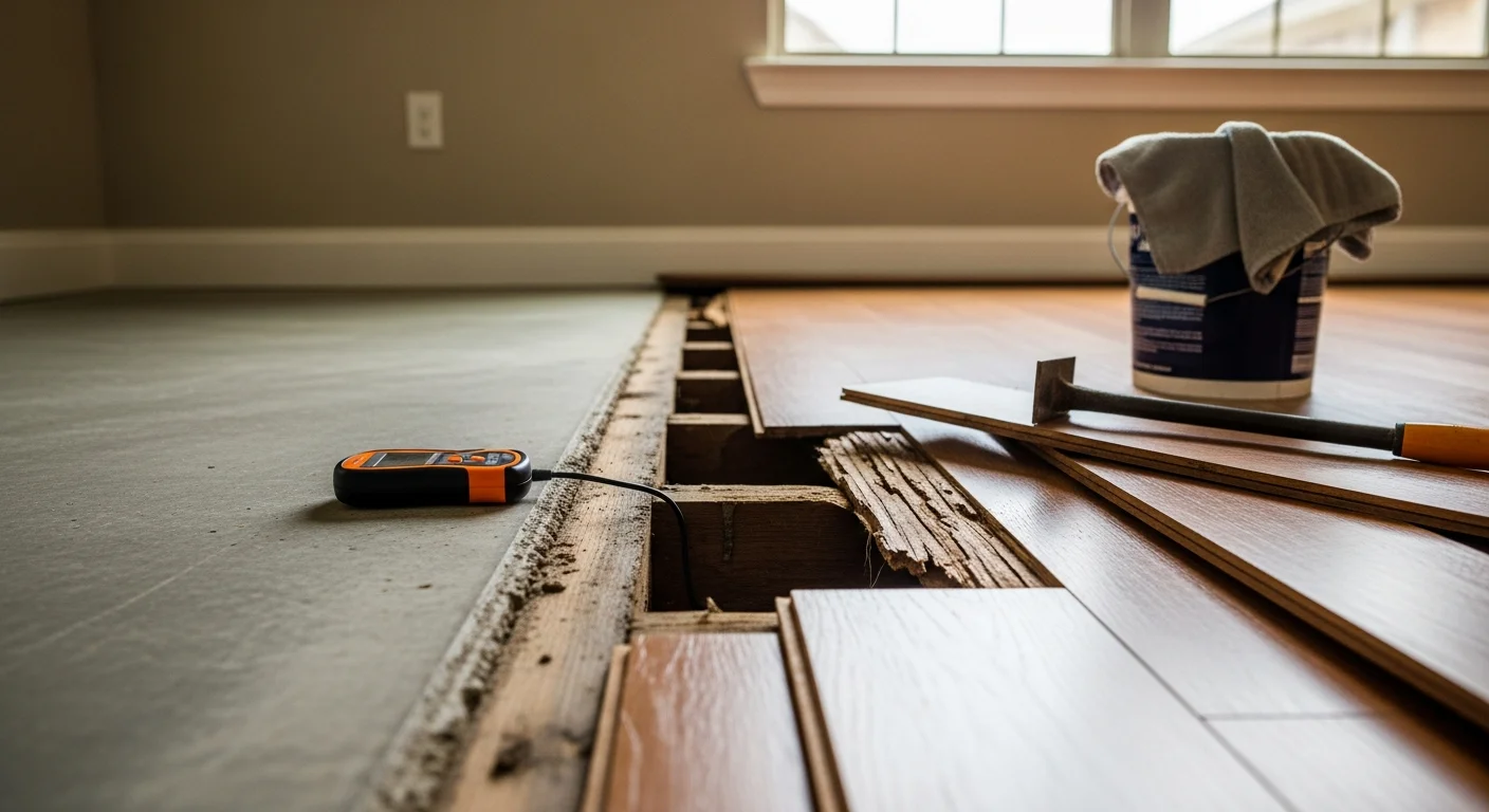 A repaired hardwood floor in an Austin-area home showing smooth, level planks with clean seams and no visible warping or gaps. The repair blends with the surrounding flooring in a well-lit living room on a slab-foundation home.