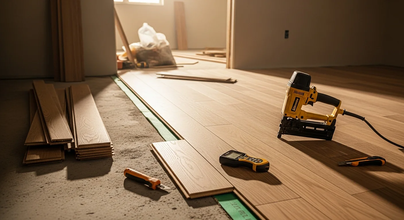 Freshly installed hardwood flooring in a Central Texas home, showing tight plank seams and a smooth, even surface across an open living area. The installation reflects the subfloor preparation and acclimation process used by Overland Renovation LLC for Austin-area homes.
