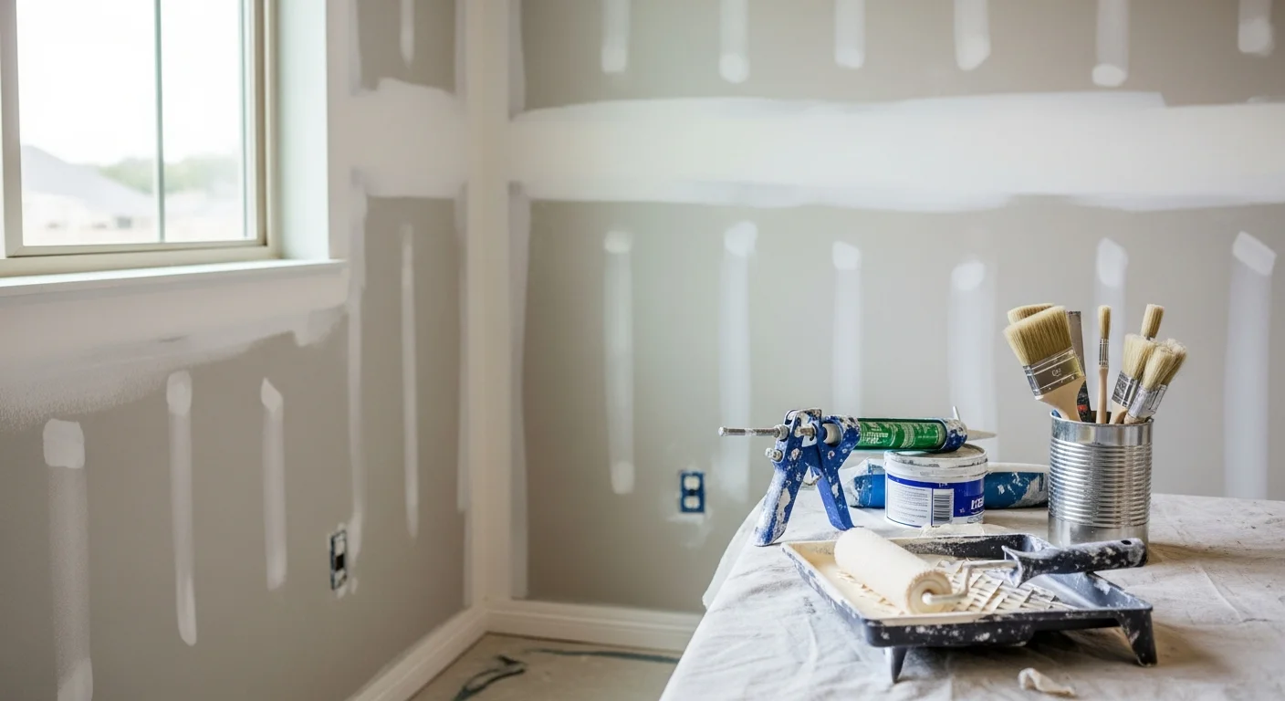 Freshly painted interior living room with clean white walls and sharp trim lines in a Central Texas home. A professional painter applies a second coat to a smooth drywall surface in an Austin-area residential property.