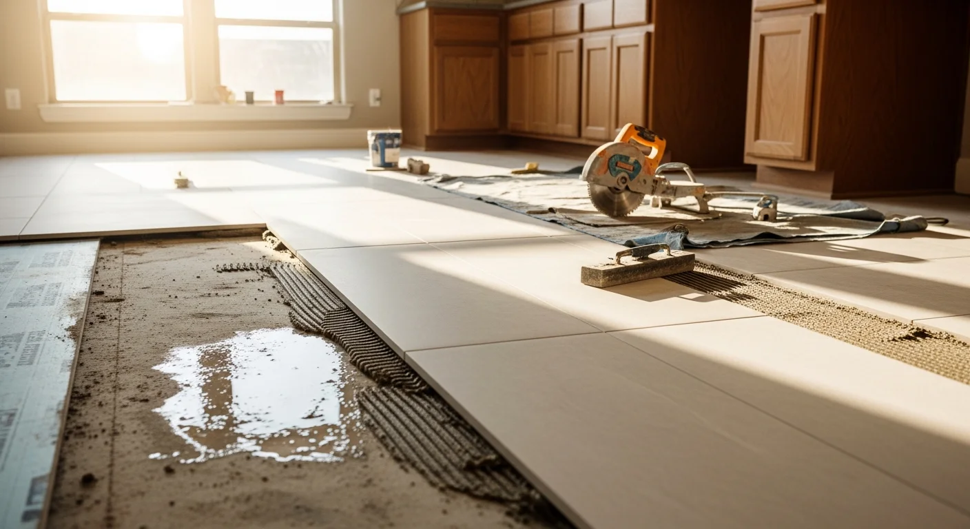 Freshly installed moisture-resistant floor tiles in a kitchen and bathroom remodel completed by Overland Renovation LLC in the Austin, Texas area. Clean grout lines and level surfaces shown in a Central Texas residential home.