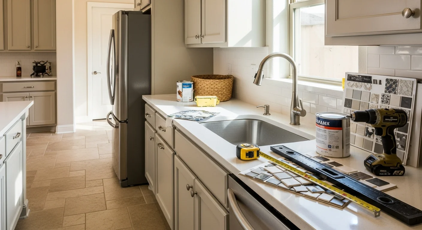 Finished kitchen remodel in an Austin-area home showing new cabinetry, updated countertops, and recessed lighting above a center island. Work completed by Overland Renovation LLC serving Central Texas communities including Round Rock, Georgetown, and Cedar Park.