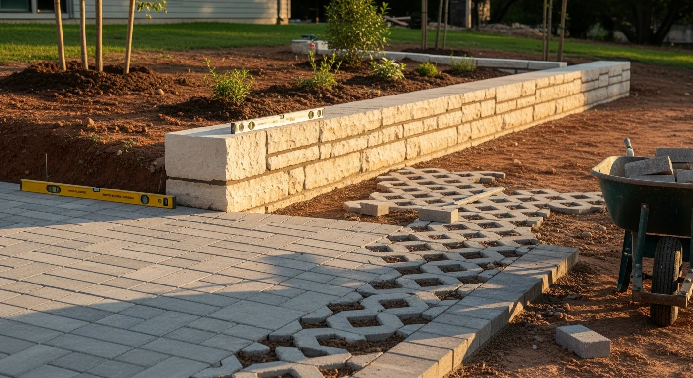 A finished backyard in the Austin, Texas area showing a stone patio with a low retaining wall, drought-adapted plantings, and a gravel walkway. The hardscape and landscape elements are designed to manage drainage on a sloped Central Texas residential lot.