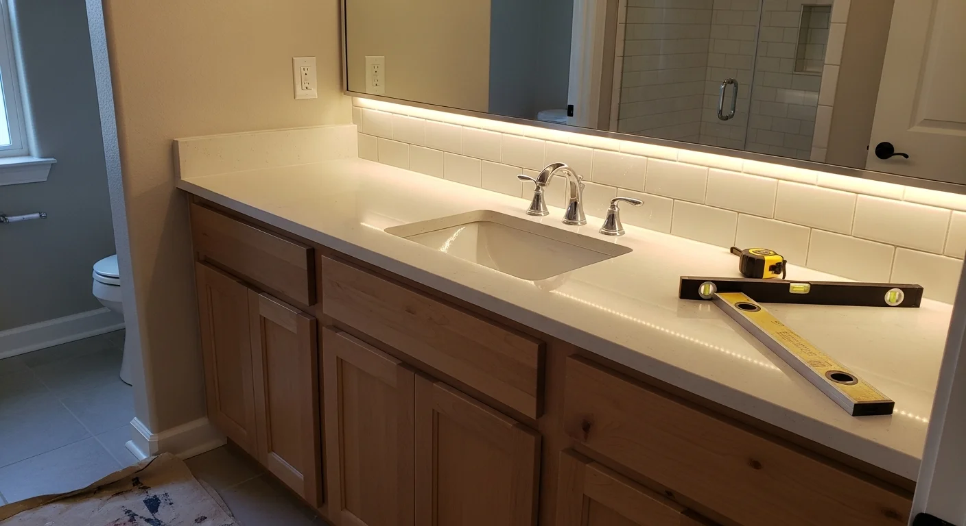 A renovated kitchen and open living area inside an Austin-area home prepared for sale, showing updated cabinetry, fresh paint, and new flooring. The space reflects the clean, move-in ready condition that buyers in the Austin metro expect when touring pre-sale listings.