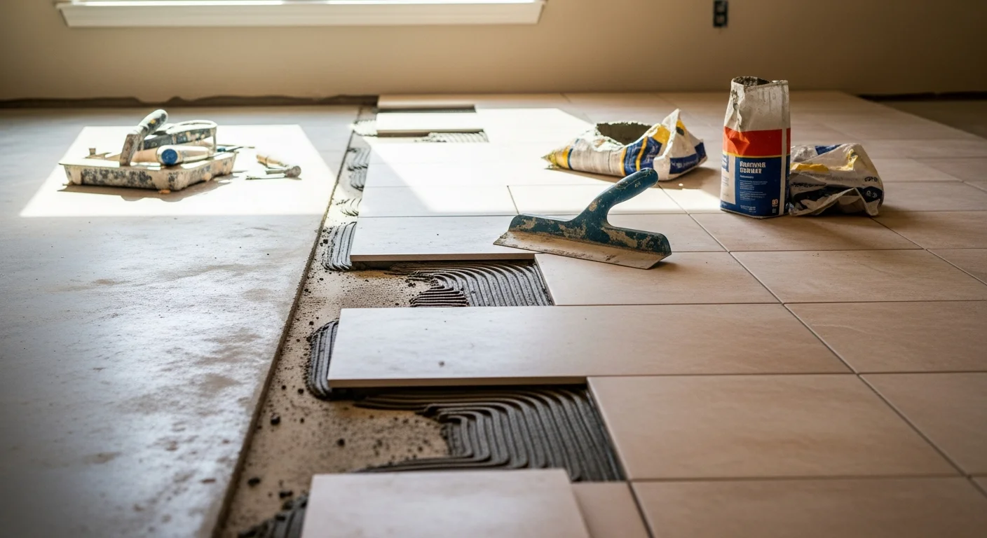 Freshly installed tile flooring in a Central Texas kitchen, showing clean grout lines and a level surface typical of slab-foundation homes in the Austin area. The tile extends from the entryway through the main living space, reflecting natural light in a newly renovated Overland Renovation LLC project.