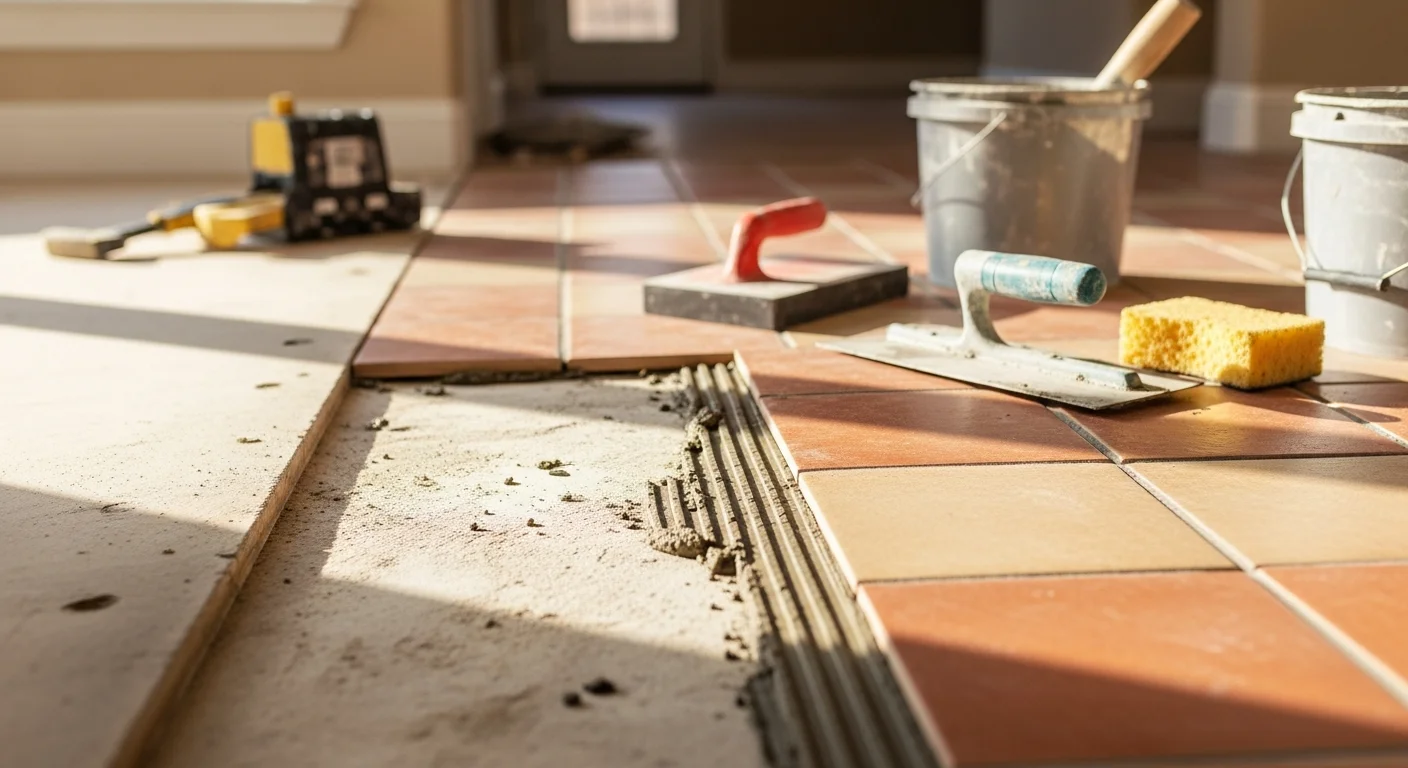 A Central Texas home interior showing a repaired tile floor with freshly matched replacement tiles and clean grout lines in a kitchen or bathroom setting. The finished surface is level, consistent in color, and free of cracks or gaps.