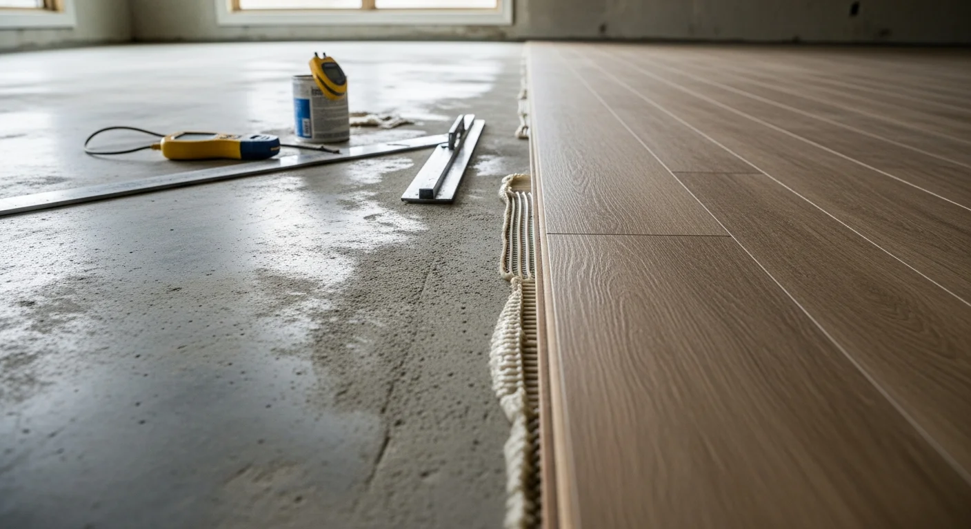 Freshly installed vinyl plank flooring in an open-plan living area of a Central Texas home, showing a wood-look finish across a concrete slab foundation. The room reflects a typical residential renovation completed by Overland Renovation LLC in the Austin area.